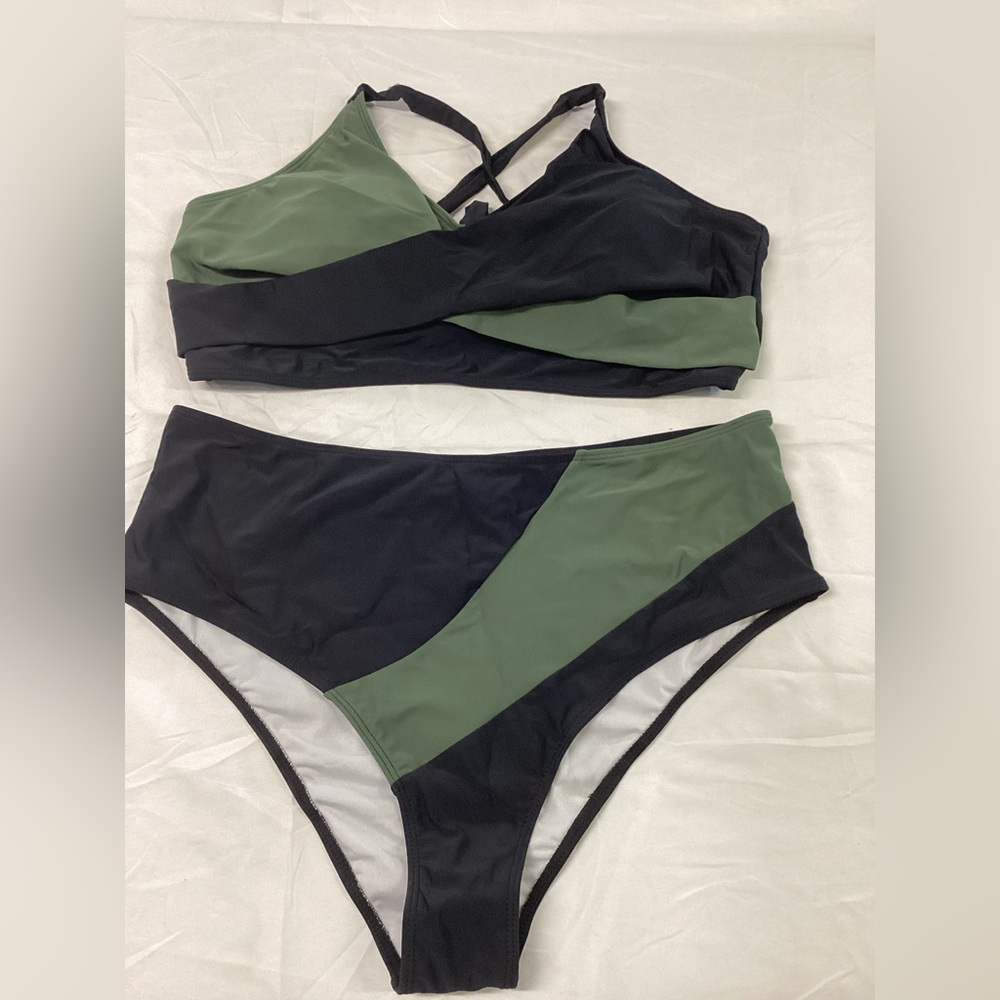 high Waist Colorblock Black & Olive Green Women’s Bikini Set 2XL
